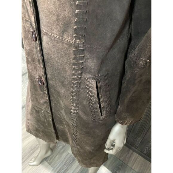L, Nancy Bolen City Girl Boho suede knee length coat with whip stitch detail. - Picture 4 of 10